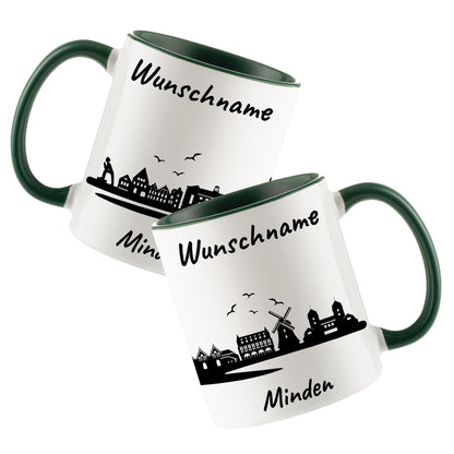 Tasse in Dunkelgrün 330ml bedruckt mit der Skyline von Minden personalisierbar mit Wunschname