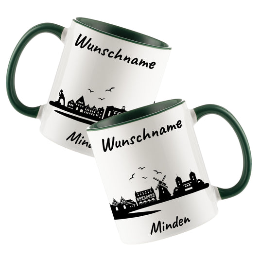 Tasse in Dunkelgrün 330ml bedruckt mit der Skyline von Minden personalisierbar mit Wunschname