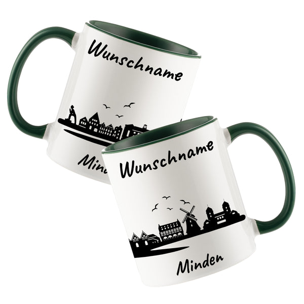 Tasse in Dunkelgrün 330ml bedruckt mit der Skyline von Minden personalisierbar mit Wunschname