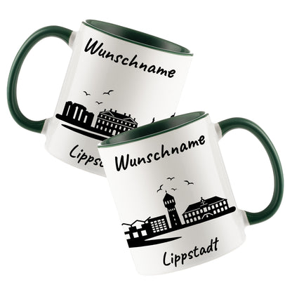 Tasse in Dunkelgrün 330ml bedruckt mit der Skyline von Lippstadt personalisierbar mit Wunschname