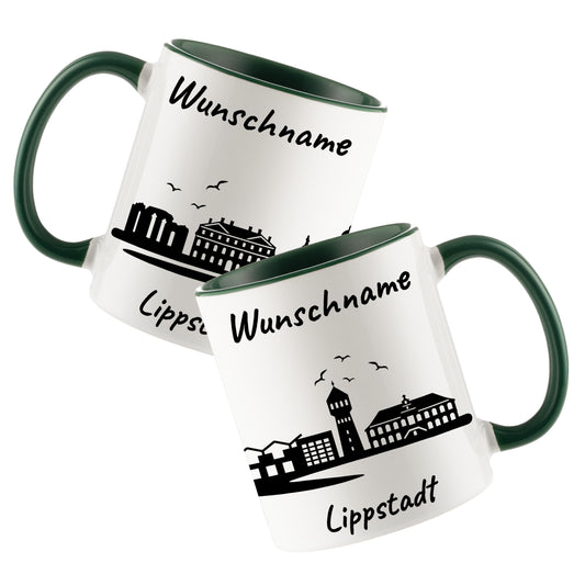 Tasse in Dunkelgrün 330ml bedruckt mit der Skyline von Lippstadt personalisierbar mit Wunschname