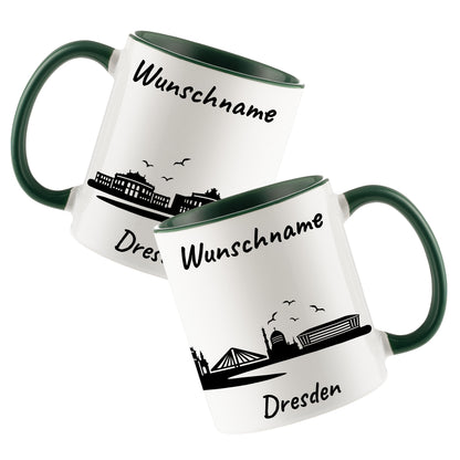 Tasse in Dunkelgrün 330ml bedruckt mit der Skyline von Dresden personalisierbar mit Wunschname