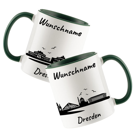 Tasse in Dunkelgrün 330ml bedruckt mit der Skyline von Dresden personalisierbar mit Wunschname