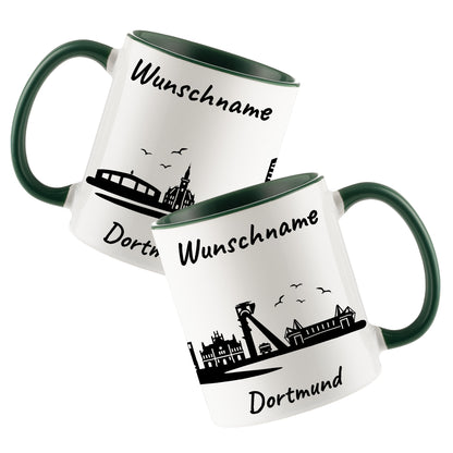 Tasse in Dunkelgrün 330ml bedruckt mit der Skyline von Dortmund personalisierbar mit Wunschname