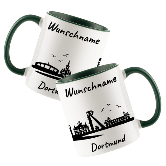 Tasse in Dunkelgrün 330ml bedruckt mit der Skyline von Dortmund personalisierbar mit Wunschname