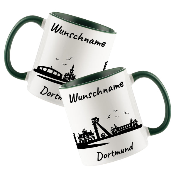 Tasse in Dunkelgrün 330ml bedruckt mit der Skyline von Dortmund personalisierbar mit Wunschname