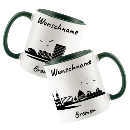 Tasse in Dunkelgrün 330ml bedruckt mit der Skyline von Bremen personalisierbar mit Wunschname