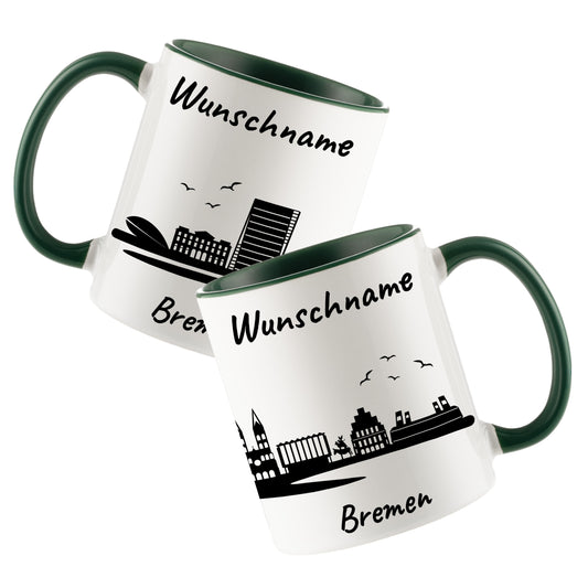 Tasse in Dunkelgrün 330ml bedruckt mit der Skyline von Bremen personalisierbar mit Wunschname