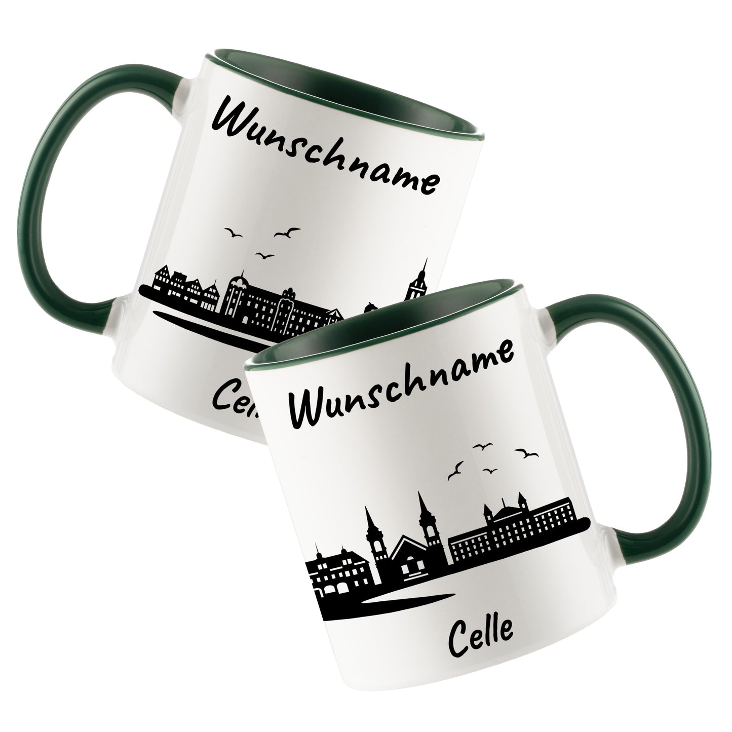 Tasse in Dunkelgrün 330ml bedruckt mit der Skyline von Celle personalisierbar mit Wunschname