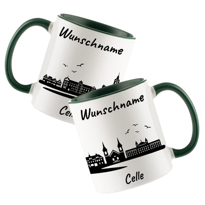Tasse in Dunkelgrün 330ml bedruckt mit der Skyline von Celle personalisierbar mit Wunschname