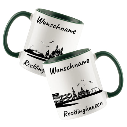 Tasse in Dunkelgrün 330ml bedruckt mit der Skyline von Recklinghausen personalisierbar mit Wunschname