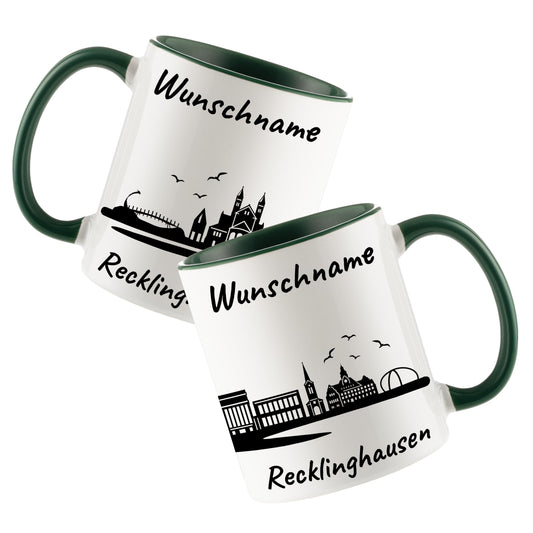 Tasse in Dunkelgrün 330ml bedruckt mit der Skyline von Recklinghausen personalisierbar mit Wunschname