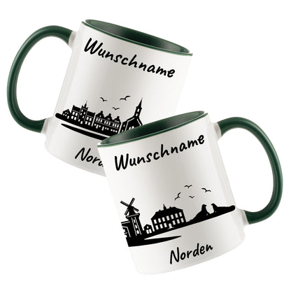 Tasse in Dunkelgrün 330ml bedruckt mit der Skyline von Norden personalisierbar mit Wunschname