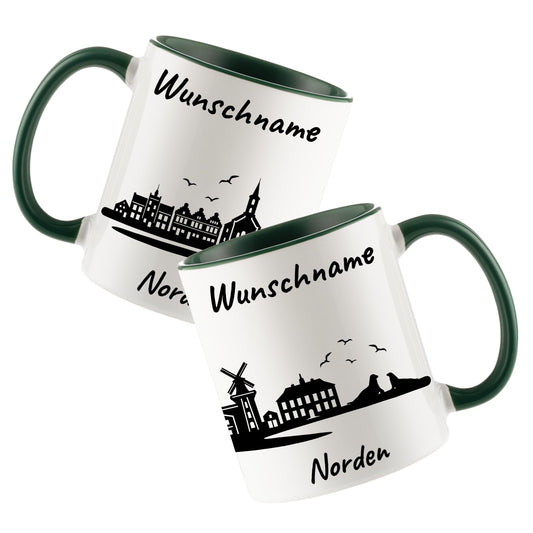 Tasse in Dunkelgrün 330ml bedruckt mit der Skyline von Norden personalisierbar mit Wunschname