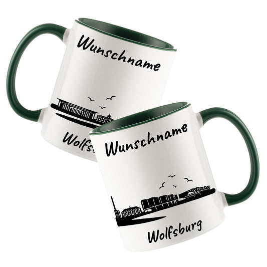 Tasse in Dunkelgrün 330ml bedruckt mit der Skyline von Wolfsburg personalisierbar mit Wunschname