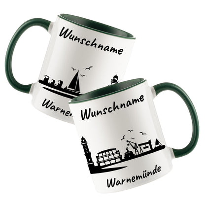 Tasse in Dunkelgrün 330ml bedruckt mit der Skyline von Warnemünde personalisierbar mit Wunschname