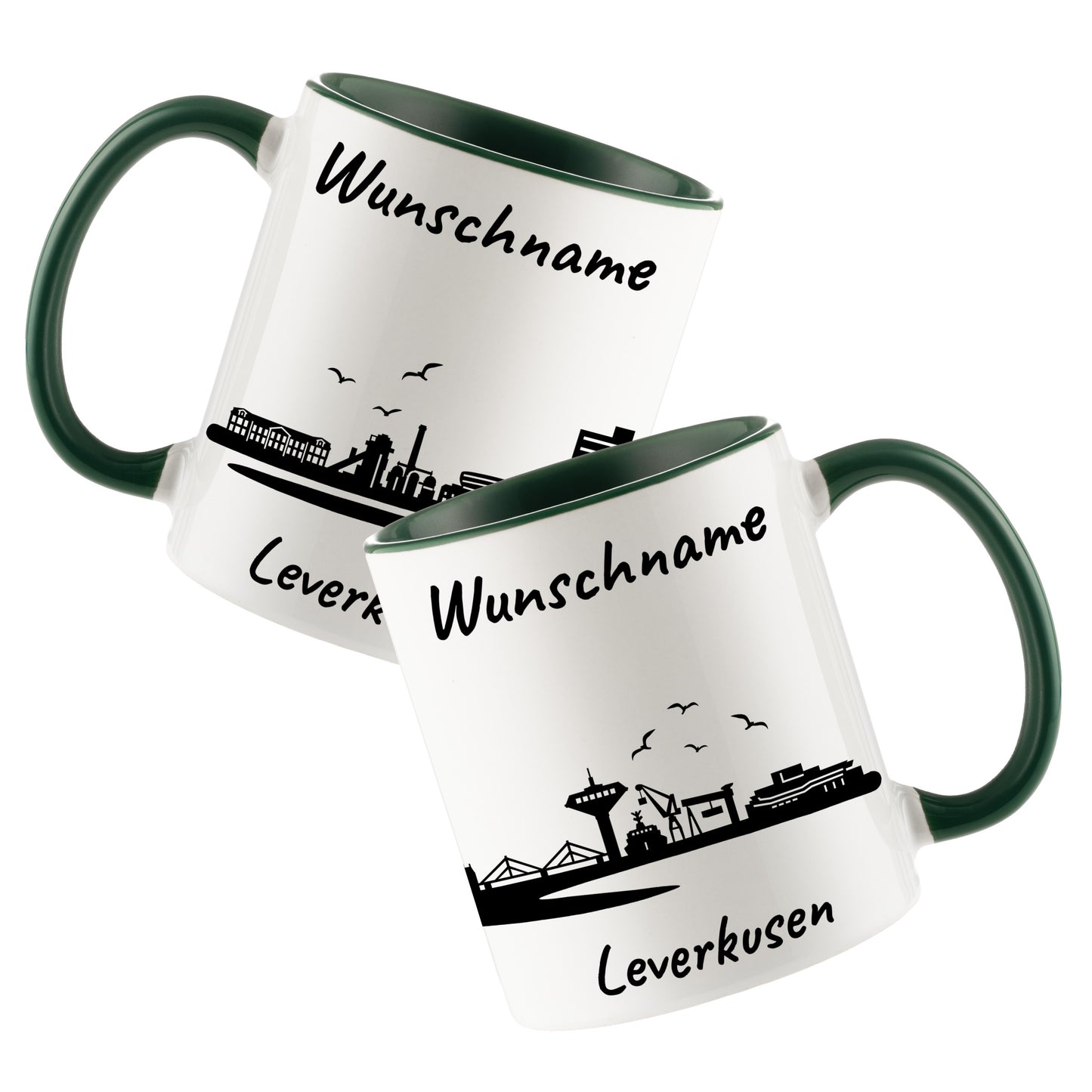 Tasse in Dunkelgrün 330ml bedruckt mit der Skyline von Leverkusen personalisierbar mit Wunschname
