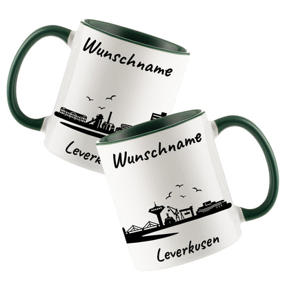 Tasse in Dunkelgrün 330ml bedruckt mit der Skyline von Leverkusen personalisierbar mit Wunschname