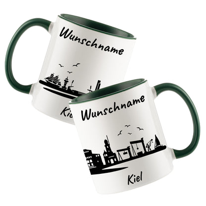 Tasse in Dunkelgrün 330ml bedruckt mit der Skyline von Kiel personalisierbar mit Wunschname