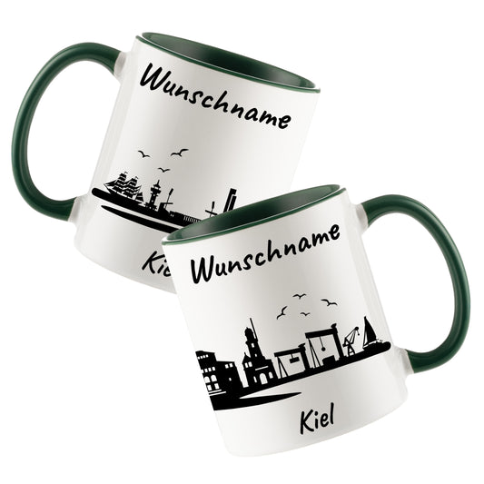 Tasse in Dunkelgrün 330ml bedruckt mit der Skyline von Kiel personalisierbar mit Wunschname