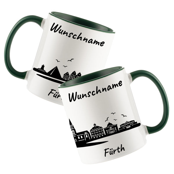 Tasse in Dunkelgrün 330ml bedruckt mit der Skyline von Fürth personalisierbar mit Wunschname