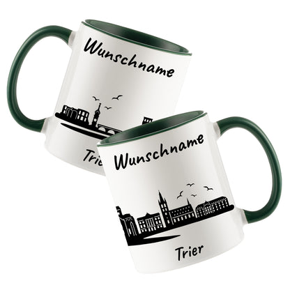 Tasse in Dunkelgrün 330ml bedruckt mit der Skyline von Trier personalisierbar mit Wunschname