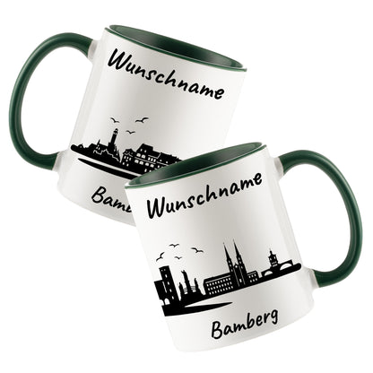 Tasse in Dunkelgrün 330ml bedruckt mit der Skyline von Bamberg personalisierbar mit Wunschname