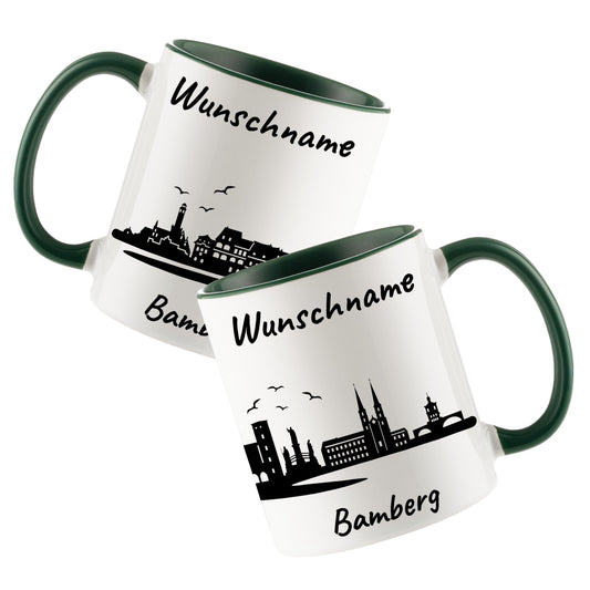 Tasse in Dunkelgrün 330ml bedruckt mit der Skyline von Bamberg personalisierbar mit Wunschname