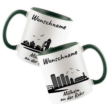 Tasse in Dunkelgrün 330ml bedruckt mit der Skyline von Mülheim an der Ruhr personalisierbar mit Wunschname