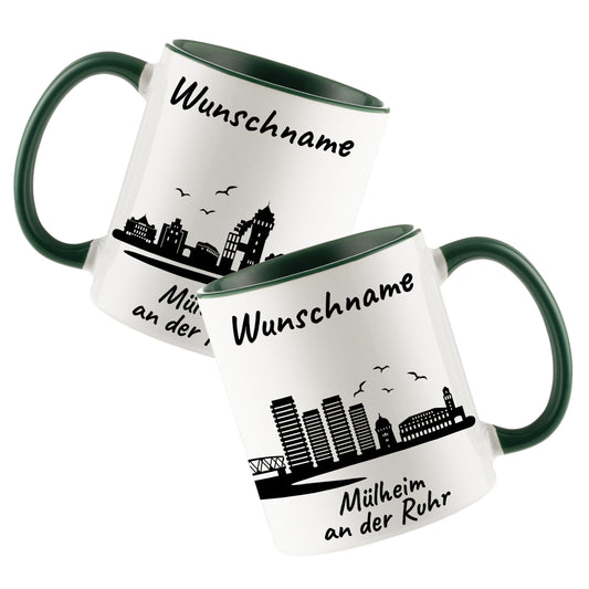Tasse in Dunkelgrün 330ml bedruckt mit der Skyline von Mülheim an der Ruhr personalisierbar mit Wunschname