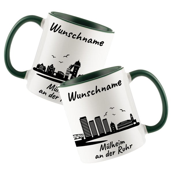 Tasse in Dunkelgrün 330ml bedruckt mit der Skyline von Mülheim an der Ruhr personalisierbar mit Wunschname