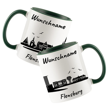 Tasse in Dunkelgrün 330ml bedruckt mit der Skyline von Flensburg personalisierbar mit Wunschname