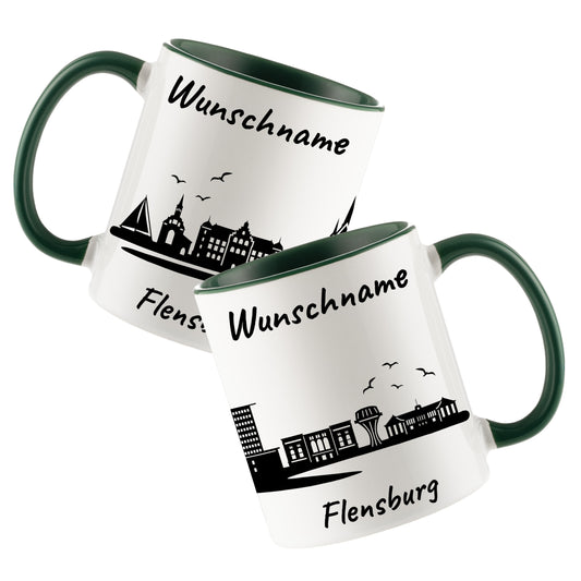 Tasse in Dunkelgrün 330ml bedruckt mit der Skyline von Flensburg personalisierbar mit Wunschname