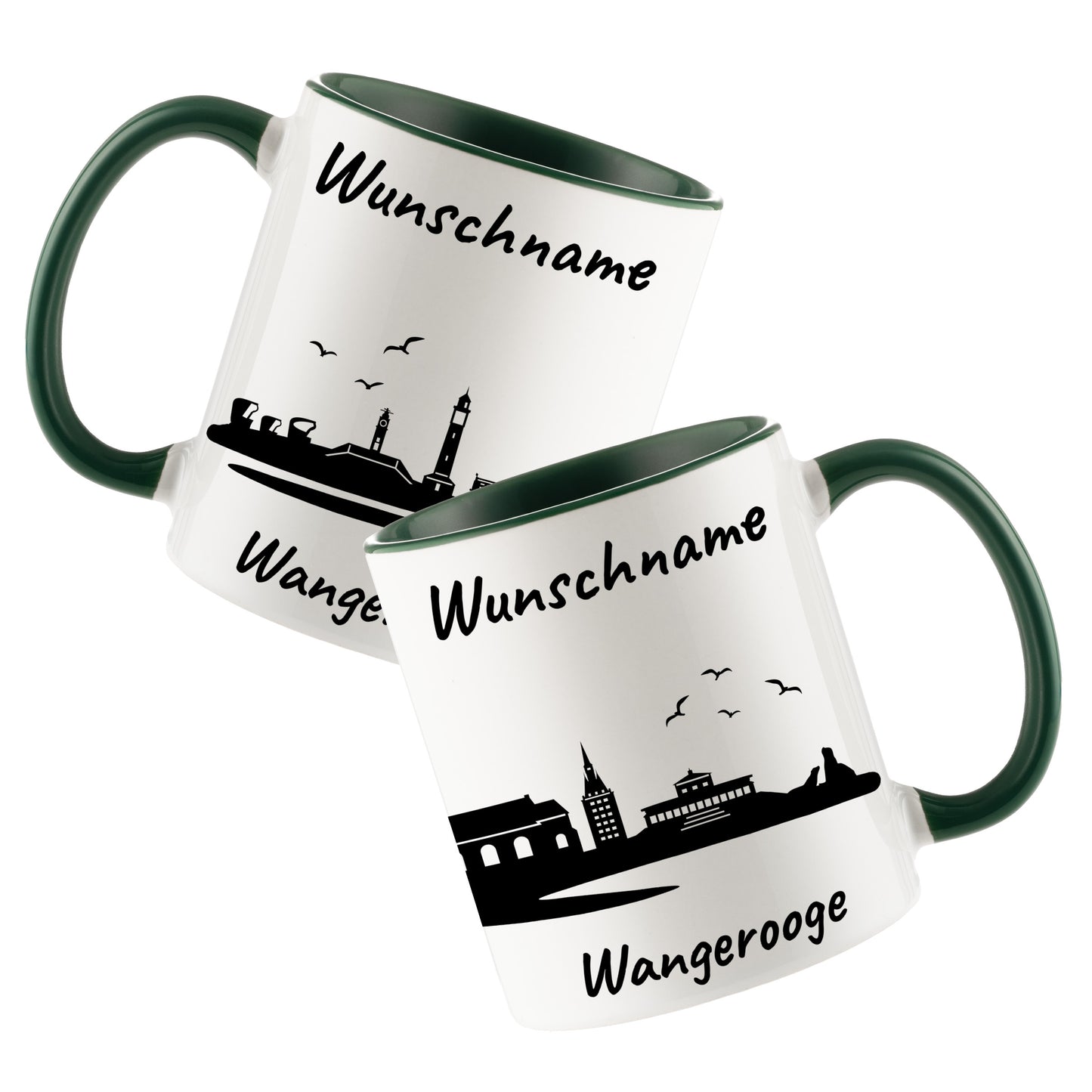 Tasse in Dunkelgrün 330ml bedruckt mit der Skyline von Wangerooge personalisierbar mit Wunschname