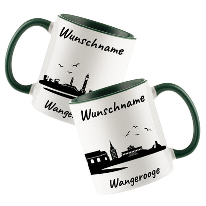 Tasse in Dunkelgrün 330ml bedruckt mit der Skyline von Wangerooge personalisierbar mit Wunschname
