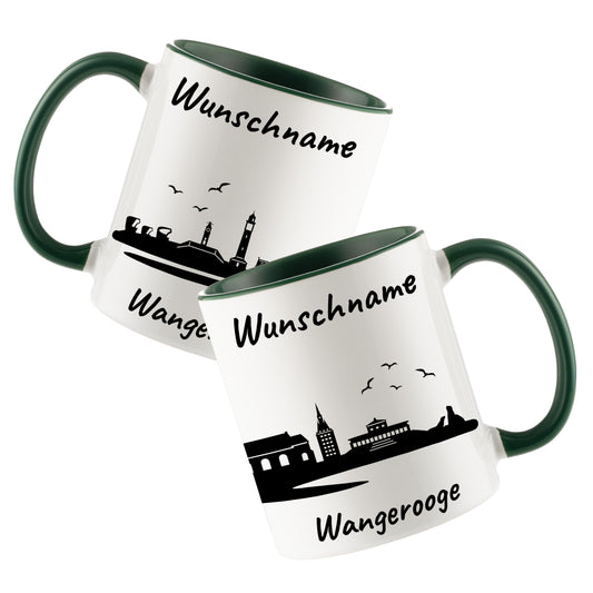 Tasse in Dunkelgrün 330ml bedruckt mit der Skyline von Wangerooge personalisierbar mit Wunschname