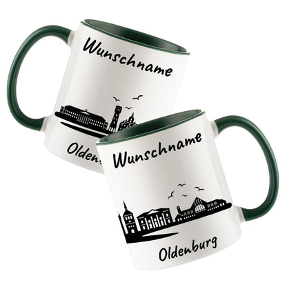 Tasse in Dunkelgrün 330ml bedruckt mit der Skyline von Oldenburg personalisierbar mit Wunschname