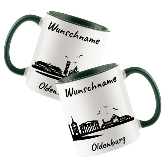 Tasse in Dunkelgrün 330ml bedruckt mit der Skyline von Oldenburg personalisierbar mit Wunschname