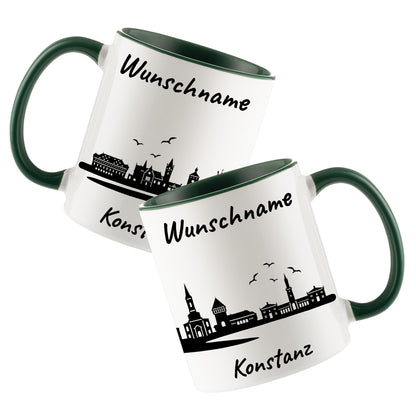 Tasse in Dunkelgrün 330ml bedruckt mit der Skyline von Konstanz personalisierbar mit Wunschname
