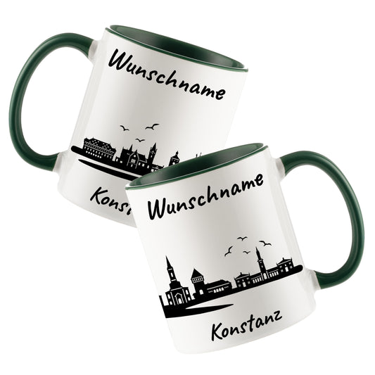 Tasse in Dunkelgrün 330ml bedruckt mit der Skyline von Konstanz personalisierbar mit Wunschname