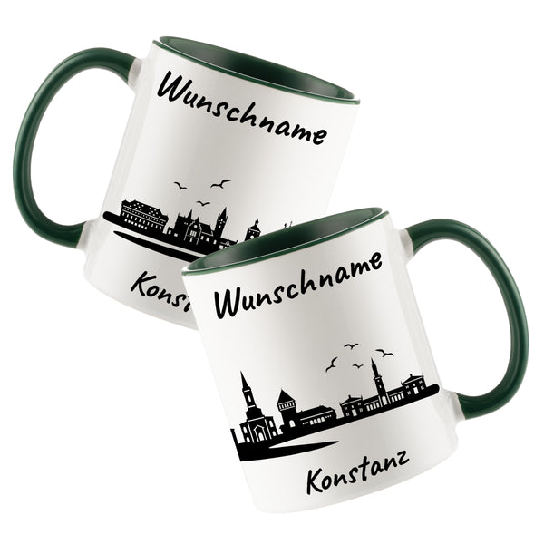 Tasse in Dunkelgrün 330ml bedruckt mit der Skyline von Konstanz personalisierbar mit Wunschname