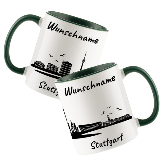 Tasse in Dunkelgrün 330ml bedruckt mit der Skyline von Stuttgart personalisierbar mit Wunschname
