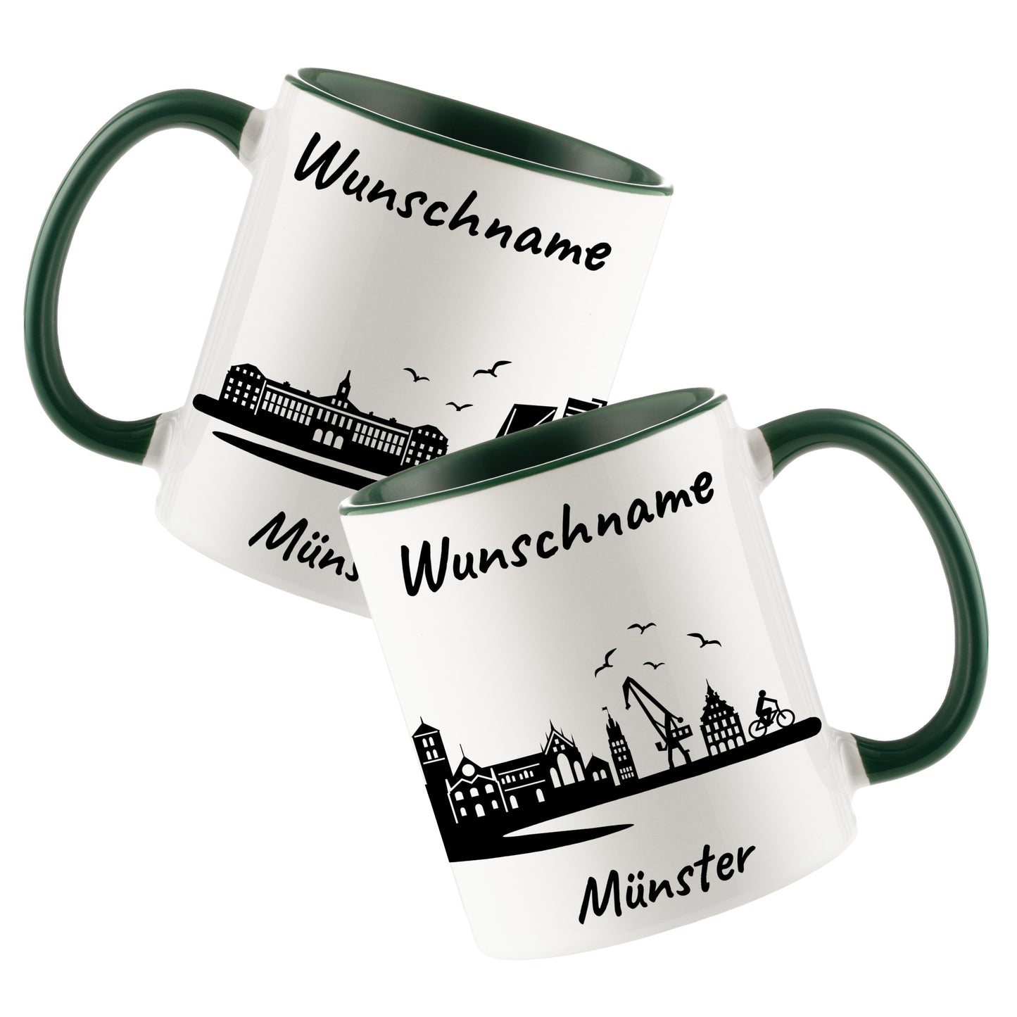 Tasse in Dunkelgrün 330ml bedruckt mit der Skyline von Münster personalisierbar mit Wunschname
