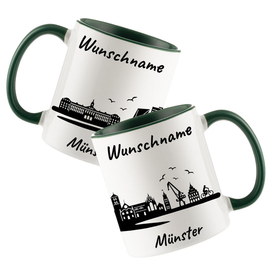 Tasse in Dunkelgrün 330ml bedruckt mit der Skyline von Münster personalisierbar mit Wunschname