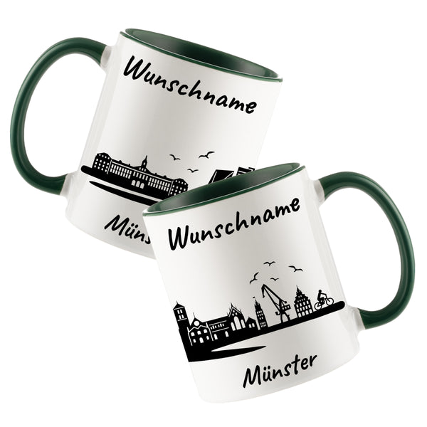 Tasse in Dunkelgrün 330ml bedruckt mit der Skyline von Münster personalisierbar mit Wunschname