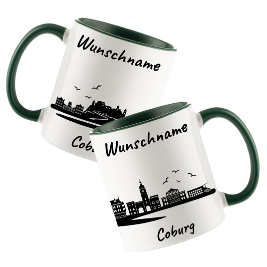 Tasse in Dunkelgrün 330ml bedruckt mit der Skyline von Coburg personalisierbar mit Wunschname