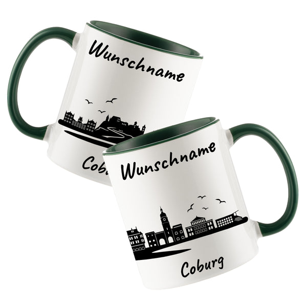 Tasse in Dunkelgrün 330ml bedruckt mit der Skyline von Coburg personalisierbar mit Wunschname