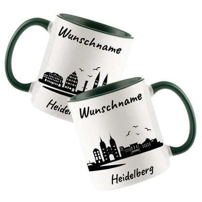 Tasse in Dunkelgrün 330ml bedruckt mit der Skyline von Heidelberg personalisierbar mit Wunschname