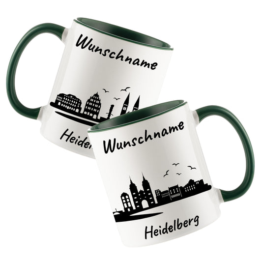 Tasse in Dunkelgrün 330ml bedruckt mit der Skyline von Heidelberg personalisierbar mit Wunschname