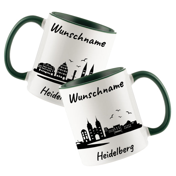 Tasse in Dunkelgrün 330ml bedruckt mit der Skyline von Heidelberg personalisierbar mit Wunschname